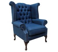 Chesterfield High Back Chair Charles Midnight Blue Linen Fabric In Queen Anne Style