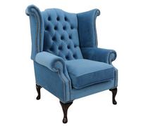 Chesterfield High Back Wing Chair Amalfi Cadet Blue Velvet In Queen Anne Style