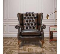 Chesterfield High Back Wing Chair Antique Brown Real Leather Bespoke In Mallory Style