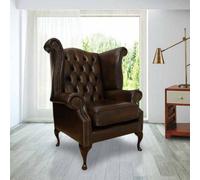 Chesterfield High Back Wing Chair Antique Brown Real Leather In Queen Anne Style