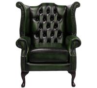 Chesterfield High Back Wing Chair Antique Green Real Leather In Queen Anne Style