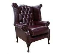 Chesterfield High Back Wing Chair Bonded Burgandy Real Leather Bespoke In Queen Anne Style