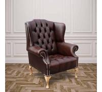 Chesterfield High Back Wing Chair Buttoned Seat Antique Brown Leather In Mallory Style
