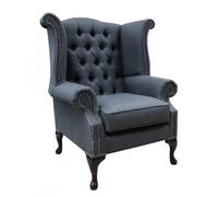 Chesterfield High Back Wing Chair Charles Grey Real Linen Fabric In Queen Anne Style
