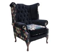 Chesterfield High Back Wing Chair Floral Black Velvet Bespoke In Queen Anne Style