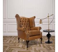 Chesterfield High Back Wing Chair Old English Tan Leather In Queen Anne Style