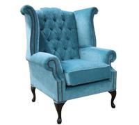 Chesterfield High Back Wing Chair Pimlico Teal Fabric In Queen Anne Style