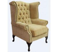 Chesterfield High Back Wing Chair Velluto Gold Fabric In Queen Anne Style