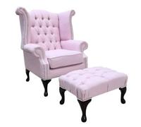 Chesterfield Linen Queen Anne High Back Wing Chair + Footstool Charles Pink Fabric