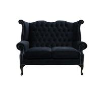Chesterfield Original 2 Seater High Back Sofa Amalfi Black Velvet Fabric In Queen Anne Style