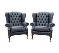 Chesterfield Pair High Back Wing Chair Shelly Black Leather Bespoke In Mallory Style