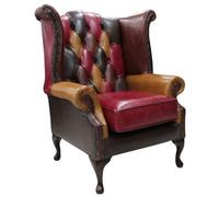 Chesterfield Patchwork High Back Wing Chair Old English Real Leather In Queen Anne Style