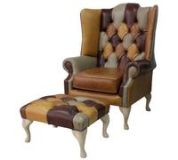 Chesterfield Prince's High Back Wing Chair + Footstool Patchwork Old English Leather In Mallory Style