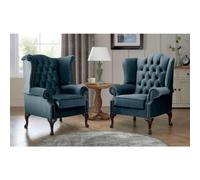 Chesterfield Queen Anne Beatrice + Carlton Flat Wing Armchairs Malta Peacock 04