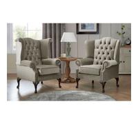 Chesterfield Queen Anne Beatrice + Carlton Flat Wing Armchairs Malta Putty 09