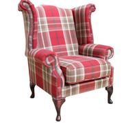 Chesterfield Saxon High Back Armchair Balmoral Red Check Fabric In Queen Anne Style