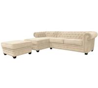 Chesterfield Style Corner Sofa Venus Cream Fabric Left Hand Corner With Footstool
