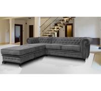 Chesterfield Style Corner Sofa Venus Grey Fabric Left Hand Corner With Footstool