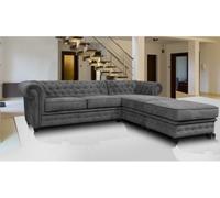 Chesterfield Style Corner Sofa Venus Grey Fabric Right Hand Corner With Footstool