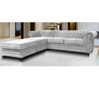 Chesterfield Style Corner Sofa Venus Light Grey Fabric Left Hand Corner With Footstool