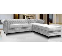 Chesterfield Style Corner Sofa Venus Light Grey Fabric Right Hand Corner With Footstool