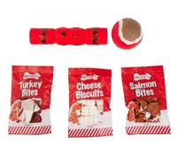 Chesters Christmas Pet Gift Set, Red Plush Tennis Ball, Cracker and Rope Toy with Turkey, Cheese and Salmon Bites Dog Treats, 40g x 3 Packs