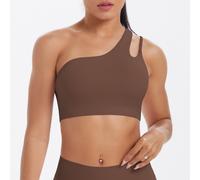 (Chestnut color, L) Spliced double-sided nylon brushed one-shoulder beautiful back sports bra running fitness yoga vest for women