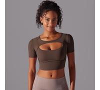 (Chestnut color, M) Spliced mesh sexy double-layer short-sleeved suspender bra running fitness double-layer yoga wear top for women