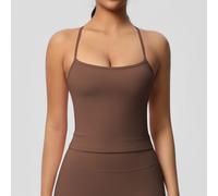 (Chestnut color, S) Double-sided brushed solid color tight-fitting long sports bra running fitness yoga vest for women