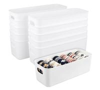CHEUKYIU Set of 10 Narrow Storage Boxes, 28 x 10 x 9.5 cm, White Plastic Organiser Box with Handles, Storage Basket Plastic for Kitchen, Bathroom