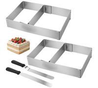 CHEUKYIU Set of 2 Rectangular Baking Frame, Adjustable, Stainless Steel Baking Mould, Rectangular, Cake Ring, Square Baking Frame with Spatula for Baking and Decorating