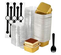CHEUNGR 100 Sets Mini Loaf Cake Cases with Lids and Spoons, 150ml Reusable Aluminum Square Loaf Cups with Stickers, Foil Baking Pans for Bread Dessert Wedding Birthday Party, Gold