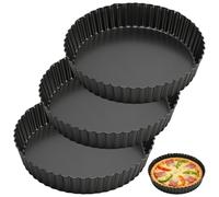 CHEUNGR 3 Pcs Deep Quiche Tins, 28cm/11inch Fluted Tart Tin with Removable Loose Bottom, Carbon Steel Round Deep Pie Dish for Baking Pizza Pie