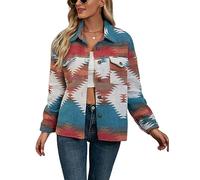 Chevara Women’s Vintage Ethnic Aztec Jacket Long Sleeve Button Up Woolen Shacket Western Jackets, 03 Blue, S