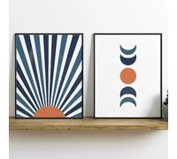 CHEVVY Terracotta And Navy Blue Sun Moon Canvas Painting Wall Art Boho Scene Posters Prints Pictures Living Room Bedroom Home Decor 40x60cmx2 Unframed