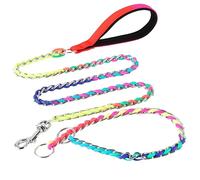 Chew Proof Metal Dog Leash with Built-in P-Chain Collar - 2FT/4FT for Small/Medium/Large Dogs (30-150lb), Anti-Bite Chain Link with Soft Padded Handle, 360° Rotating Clasp Colorful