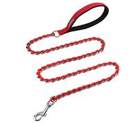 Chew Proof Metal Leash Chain Dog Leash for Medium Large Dogs, Chain Link Anti Chew 5.2FT Strong Anti Bite Comfortable Soft Padded Handle red