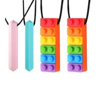 Chew Toys for Autistic Children, 2 Gem Pendants + 2 Rainbow Block Chew Necklaces, Chew Buddy for Sensory Kids, Chewy Toys for Autism, Indoor and Outdoor Use(Blue, Pink, Colorful)