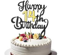 Chewarelly 14th Happy Birthday Cake Topper, Glitter Happy 14th Birthday Cake Topper for Birthday Party Cake Decoration(Black with Gold)