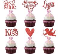Chewarelly 24Pcs Happy Valentine's Day Cupcake Topper, Glitter Cupcake Decor Sweet Love Be Mine Valentines Cupcake Picks for Valentine's Day Theme Party Decorations Supplies(Red)