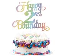Chewarelly 2nd Happy Birthday Cake Topper, Glitter Happy 2nd Birthday Cake Topper for Birthday Party Cake Decoration(Rainbow Color)