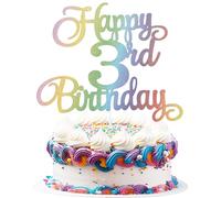 Chewarelly 3rd Happy Birthday Cake Topper, Glitter Happy 3rd Birthday Cake Topper for Birthday Party Cake Decoration(Rainbow Color)