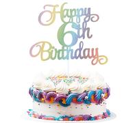 Chewarelly 6th Happy Birthday Cake Topper, Glitter Happy 6th Birthday Cake Topper for Birthday Party Cake Decoration(Rainbow Color)