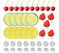 Chewarelly 70 Pcs Fake Fruits Ice Cube Set, Include 10 Artificial Lemon Slice 10 Simulation Cherries 5 Fake Strawberry 45 Fake Crushed Ice and Ice Cubes for Home Kitchen Decoration