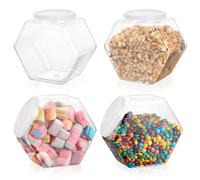 Chewtoyo 4 PCS Plastic Hexagon Candy Jars with Lids, 72 oz Plastic Cookie Jars, Wide Mouth Reusable Food Storage Container, Countertop Organizer for Kitchens, Restaurants, Coffee Shops