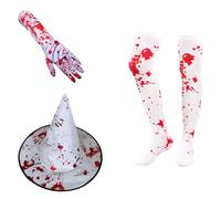 Chewtoyo Bloody Socks Gloves and Hat Set, Halloween Blood Splattered Costume Accessories for Women, Pair of Socks, Pair of Gloves, Hat for Zombie Cosplay
