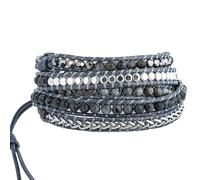 Chewtoyo Bracelet, 5 Row Bohemian Handmade Wrist Wrap, Natural Stone Multi Layer, Artistic Crystal Beads in Silver and Gray, Wide Wrap Jewelry for Wrist, Adjustable Fit, 6.7 in