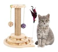 Chewtoyo Cat Toy with Hanging Balls, Wooden Two-Tier Tracks Cat Scratching Post, Interactive Kitten Sisal Scratcher Toy for Indoor Cats and Kittens