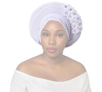 Chewtoyo Head Wrap Gele African for Women, Hat Wedding Nigerian Party, Design Floral Silver Shiny, Headwear Layered Gele Polyester, Adjustable Fit for Special Occasions