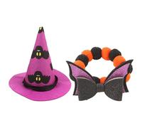 Chewtoyo Pet Wizard Hat and Bat Collar Set for Halloween, 2 Pcs Witch Costume for Dogs and Cats, Medium Size Outfit for Festive Photos
